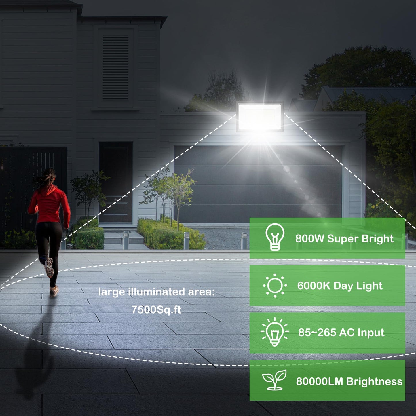 Sunkkes 800W LED Flood Light Outdoor, 6000K 80000LM Daylight White Security Lights Outside Lamp, IP66 Waterproof Exterior Floodlights Lighting for Garden Yard Stadium Arena