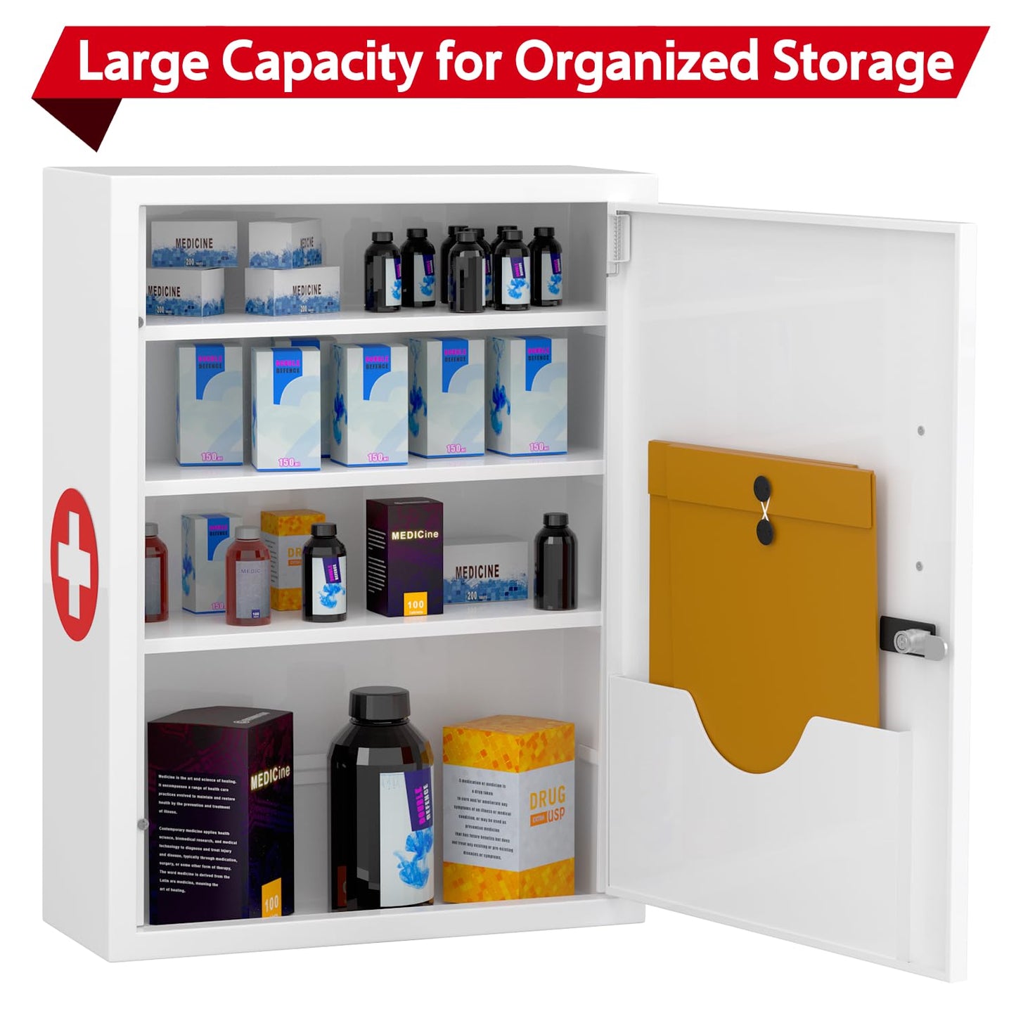 Wensha Wall-Mount Locking Medicine Cabinet: Large Metal Storage Organizer Box with Combination & Key Lock - Secure First Aid Medicine Cabinet for Bathroom Home Office(20.6" H x 15.75" W x 5.98" D)