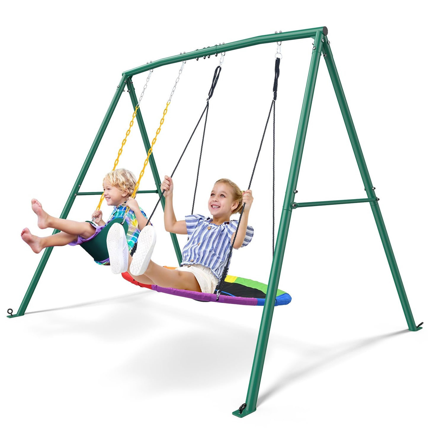 Trekassy 440lbs Capacity Swing Sets for Backyard - 2 Seat Outdoor Playset with Saucer & Belt Swing, Heavy-Duty A-Frame Metal Stand for Kids Family Fun (Patented)