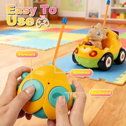 MagicKidz Dinosaur RC Car for Kids - 2-Pack Remote Control Dino Toy Cars for Boys Toddlers Ages 18+ Months 2 3 4 5 Year Old Birthday Gifts with Lights and Music