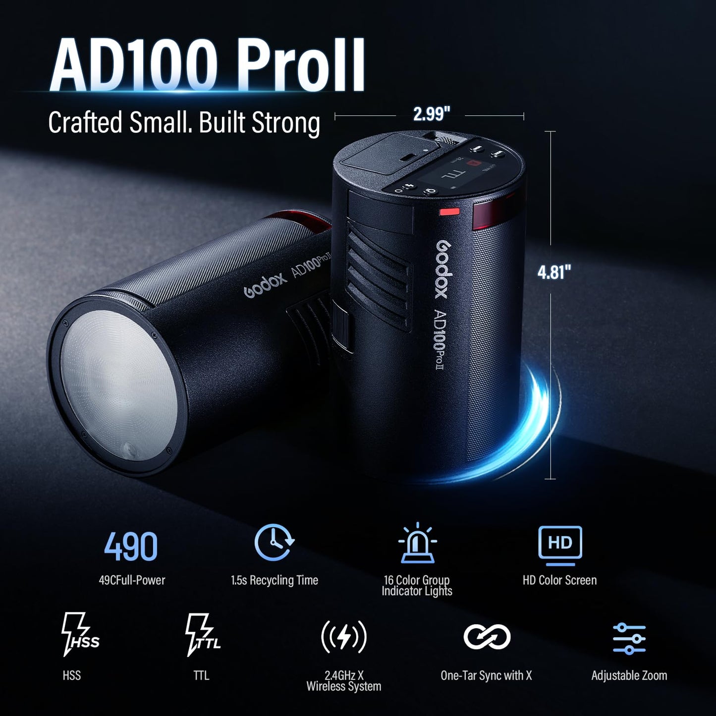 Godox AD100 PRO II AD100Pro II AD100ProII Pocket Flash 2026 Godox 100w Strobe Light 2W LED, 490 Full Power Pops, 0.01–1.5s Recycle, TTL/HSS 1/8000s 2850mAh Battery