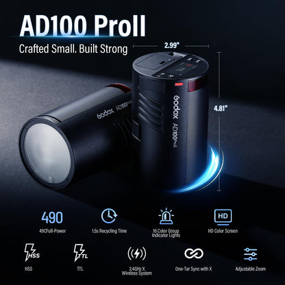 Godox AD100 PRO II AD100Pro II AD100ProII Pocket Flash 2026 Godox 100w Strobe Light 2W LED, 490 Full Power Pops, 0.01–1.5s Recycle, TTL/HSS 1/8000s 2850mAh Battery