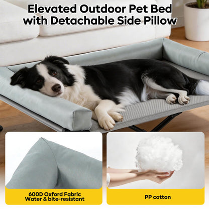 iweepet 4 in 1Elevated Dog Cot with Removable Canopy & Bolster Pillows for Extra Large Dog,Cooling Raised Outdoor Dog Bed with Breathable Teslin Mesh,Carry Bag for Camping,Patio, Backyard, 52''