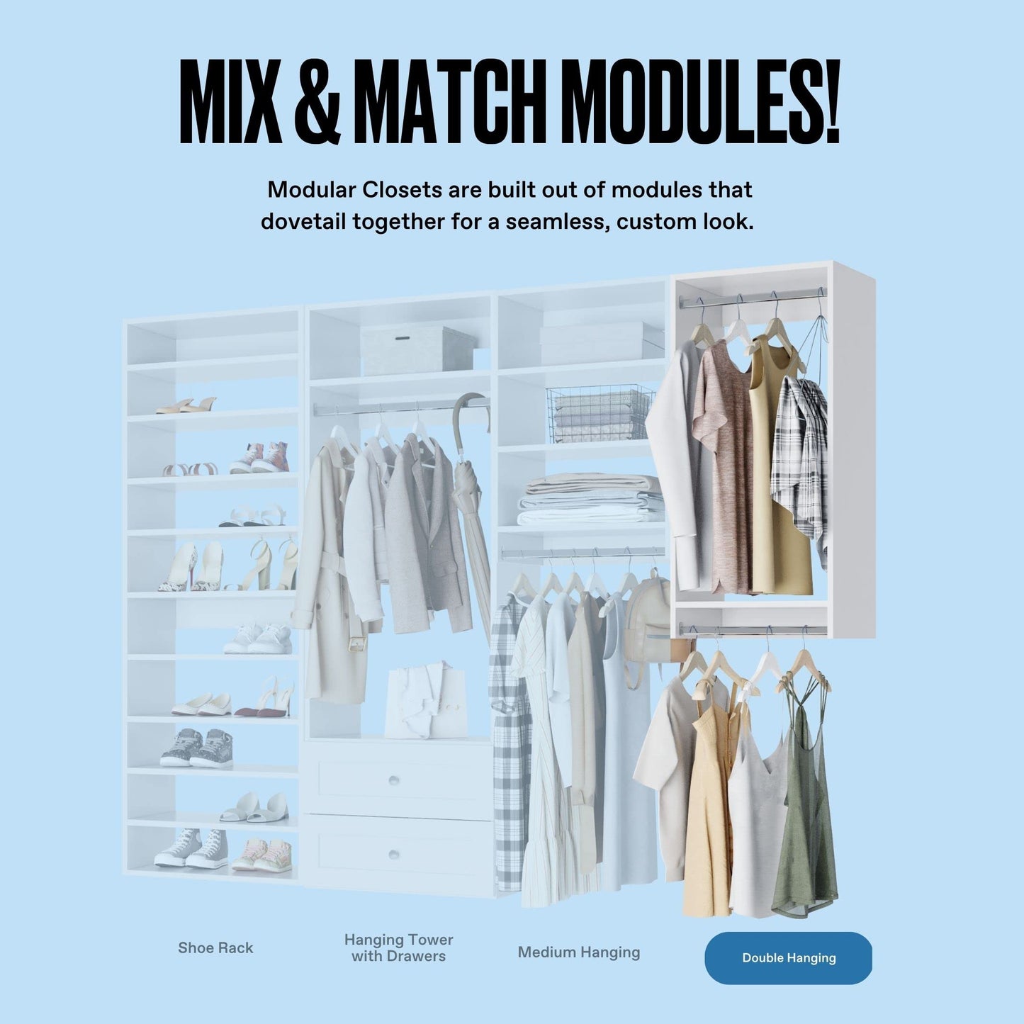 Double Hanging Closet Unit - Modular Closet System For Hanging - Corner Closet System - Closet Organizers And Storage Shelves (White, 24 inches Wide) Closet Shelves