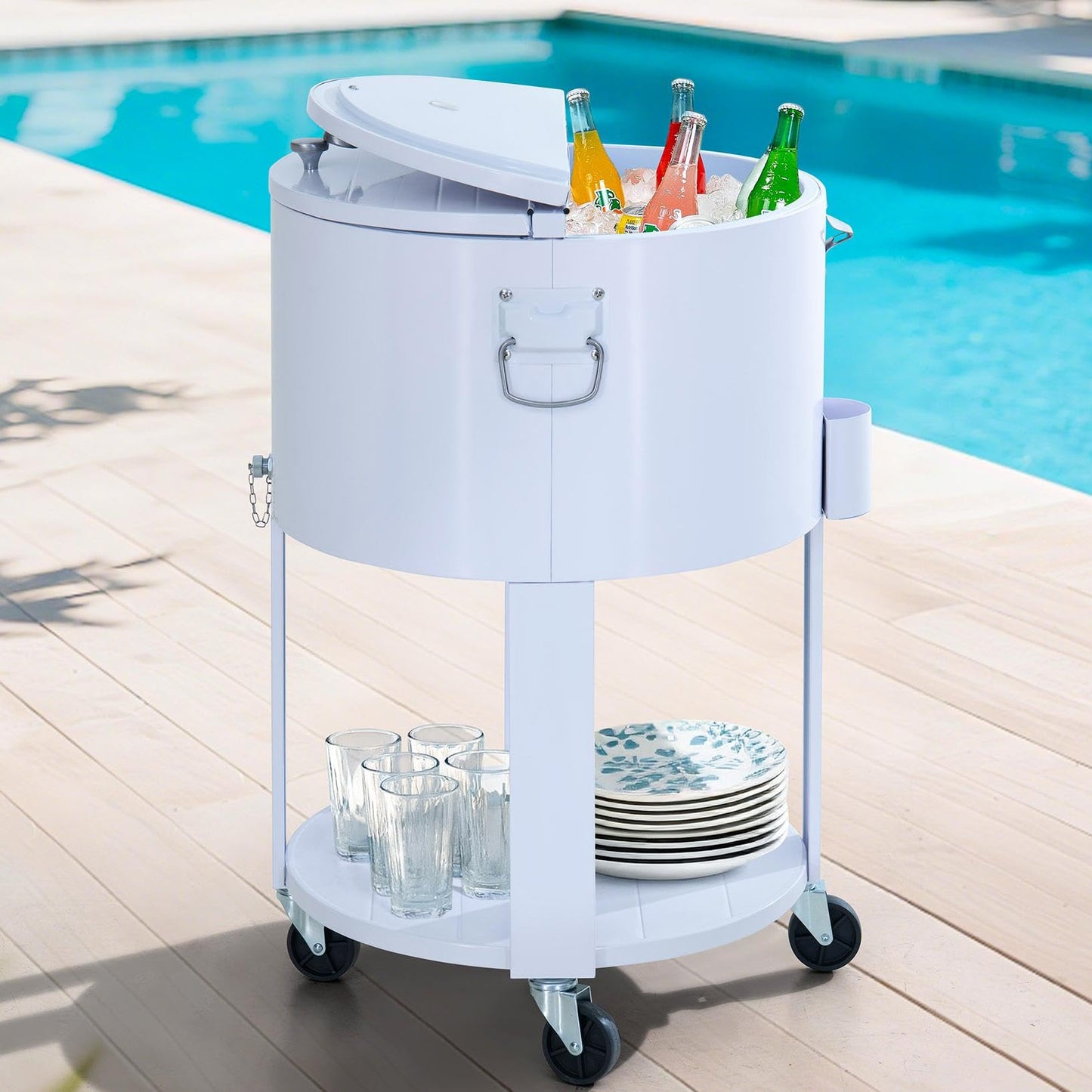SUNJOY 60 Quart Rooling Ice Chest Cooler Cart, Portable Patio Party Bar Drink Cooler Cart, Beverage Bar with Bottle Opener and Shelf, White