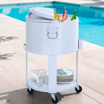 SUNJOY 60 Quart Rooling Ice Chest Cooler Cart, Portable Patio Party Bar Drink Cooler Cart, Beverage Bar with Bottle Opener and Shelf, White