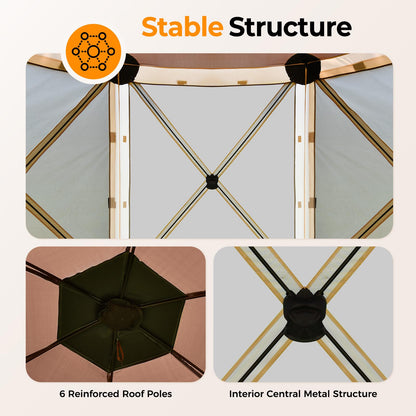 Tecoom 6-Sided Pop Up Gazebo Tent, Screen House with Mosquito Netting Canopy for Camping, 10x10ft Portable Sun Shelter Removable Siedwalls for Outdoor, Garden, Activities, Khaki