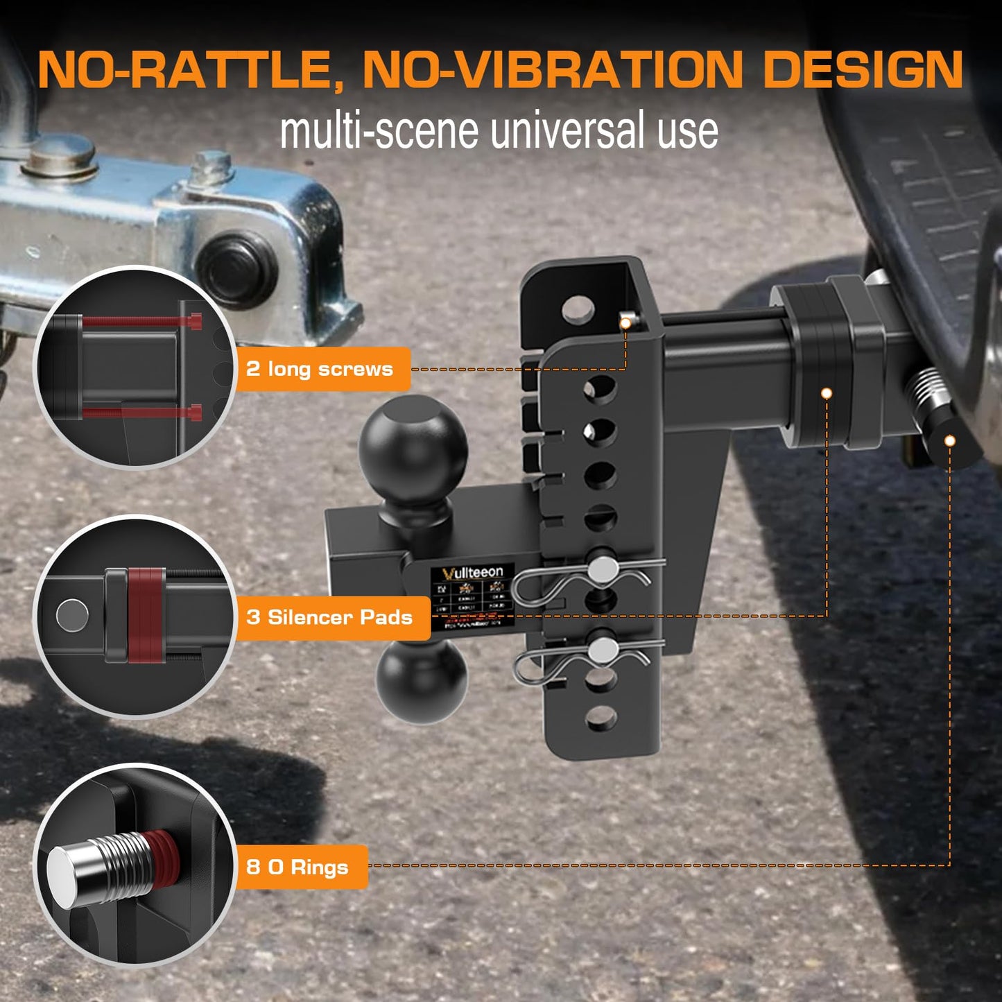 Vullteeon Adjustable Trailer Hitch, Drop Hitch for 2.5 Inch Receiver, Tow Hitch with 6 Inch Drop/Rise, 2" & 2-5/16" Ball Hitches for Trucks, 22,000 LBS GTW, Trailer Hitches with Anti-Theft Pin