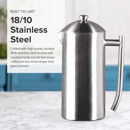 Frieling French Press Coffee Maker - 23 Ounce, Brushed Stainless Steel - Coffee Press & Cold Brew Pitcher - Stovetop Espresso Maker for Camping & Travel