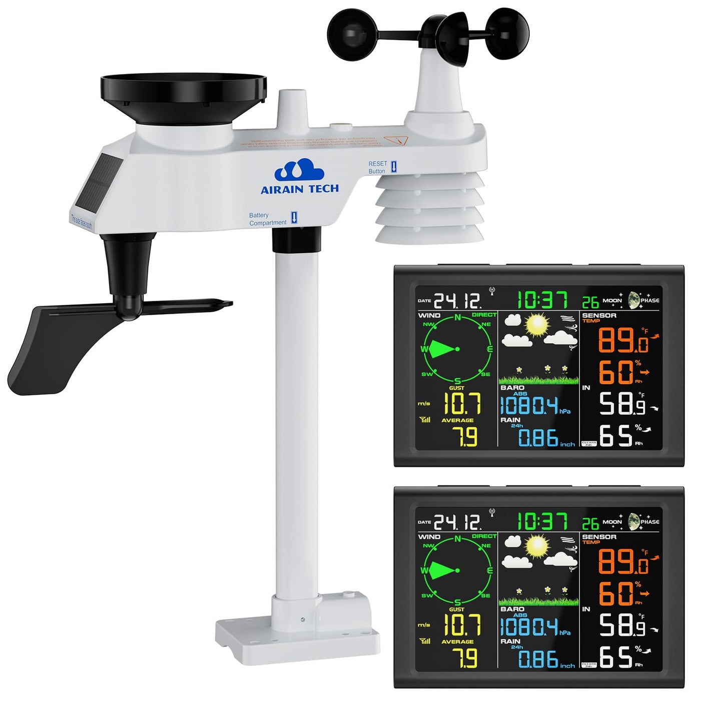 AIRAIN TECH 10-in-1 Wireless Weather Station with Dual Display, Outdoor Sensor, Rain Gauge, Atomic Clock, Wind Speed, Indoor Temp/Humidity, Barometric Pressure,etc (No WiFi)