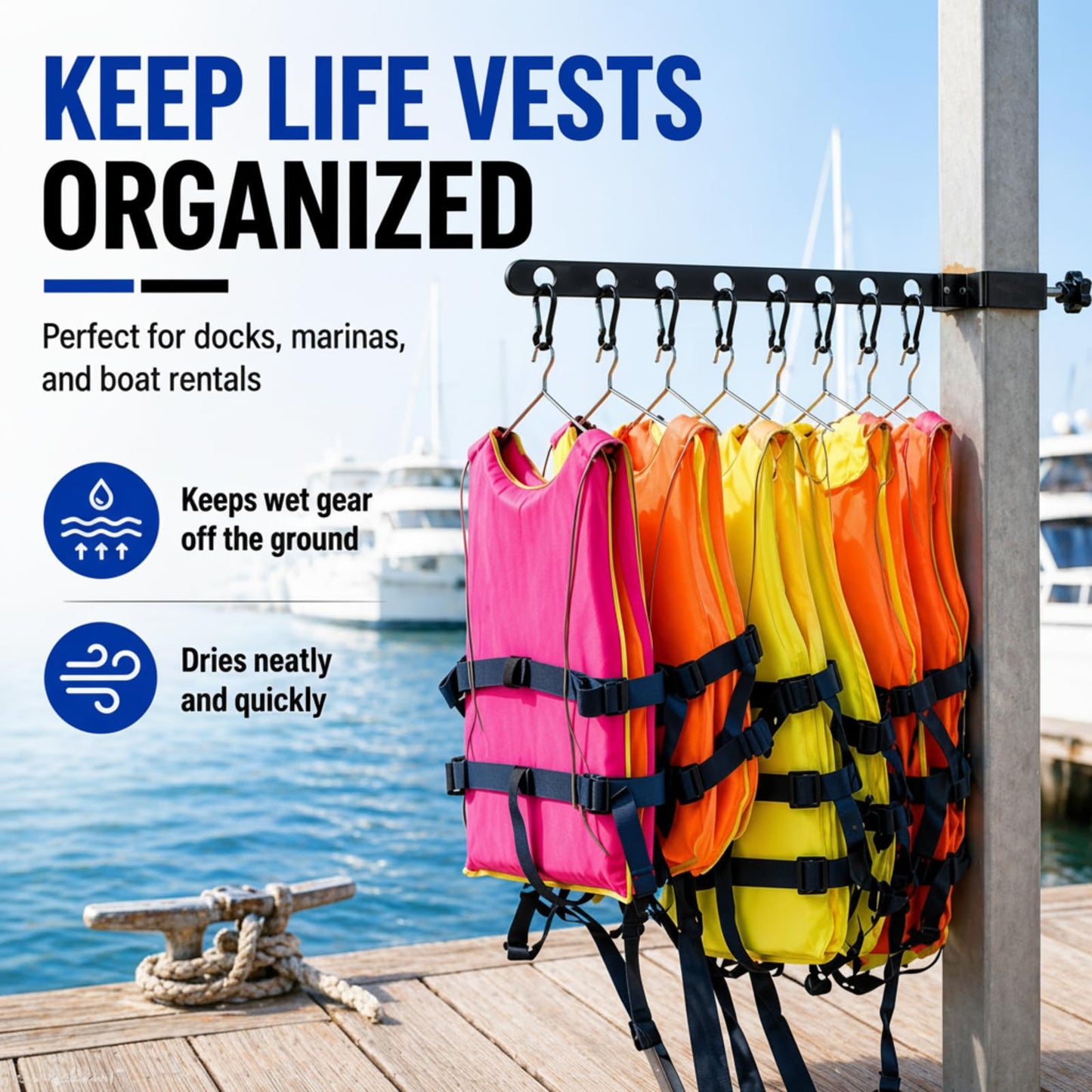 Sintuff Life Vest Holder Aluminum Drying Rack Holds up to 8 Life Vests Wetsuit Hanger Vest Hanger Collapsible Dock Organizer for Pfds & Floats, Fits a 0.67-2.56 in Square Post, No-Drill Installation