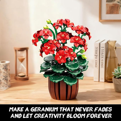 Flowers Geranium Botanicals Building Set - Artificial Bonsai Plants for Home Office Decor Display 548PCS Geranium Flowers Pot Building Blocks for Adults Women Age 12+ Gift for Easter