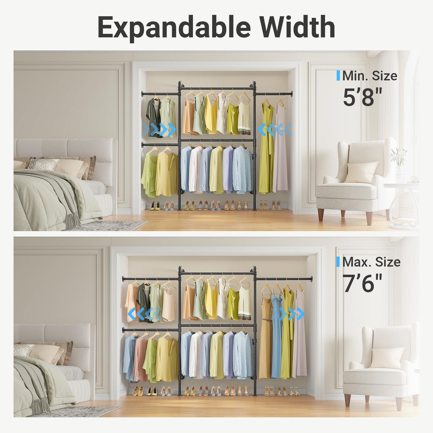 Timate P3 Wall Mounted Closet Organizer System with 5 Hanging Rods, Adjustable 5'8"–7'6", Heavy-Duty Modular Garment Rack, Space-Saving Closet Solution for Walk-in Closet, Bedroom & Small Spaces