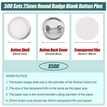 1500 Piece 25 mm/1 Inch Button Making Supplies Kit - Round Badge Blank Button Pins, Metal Parts, Including Cover and Clear Film