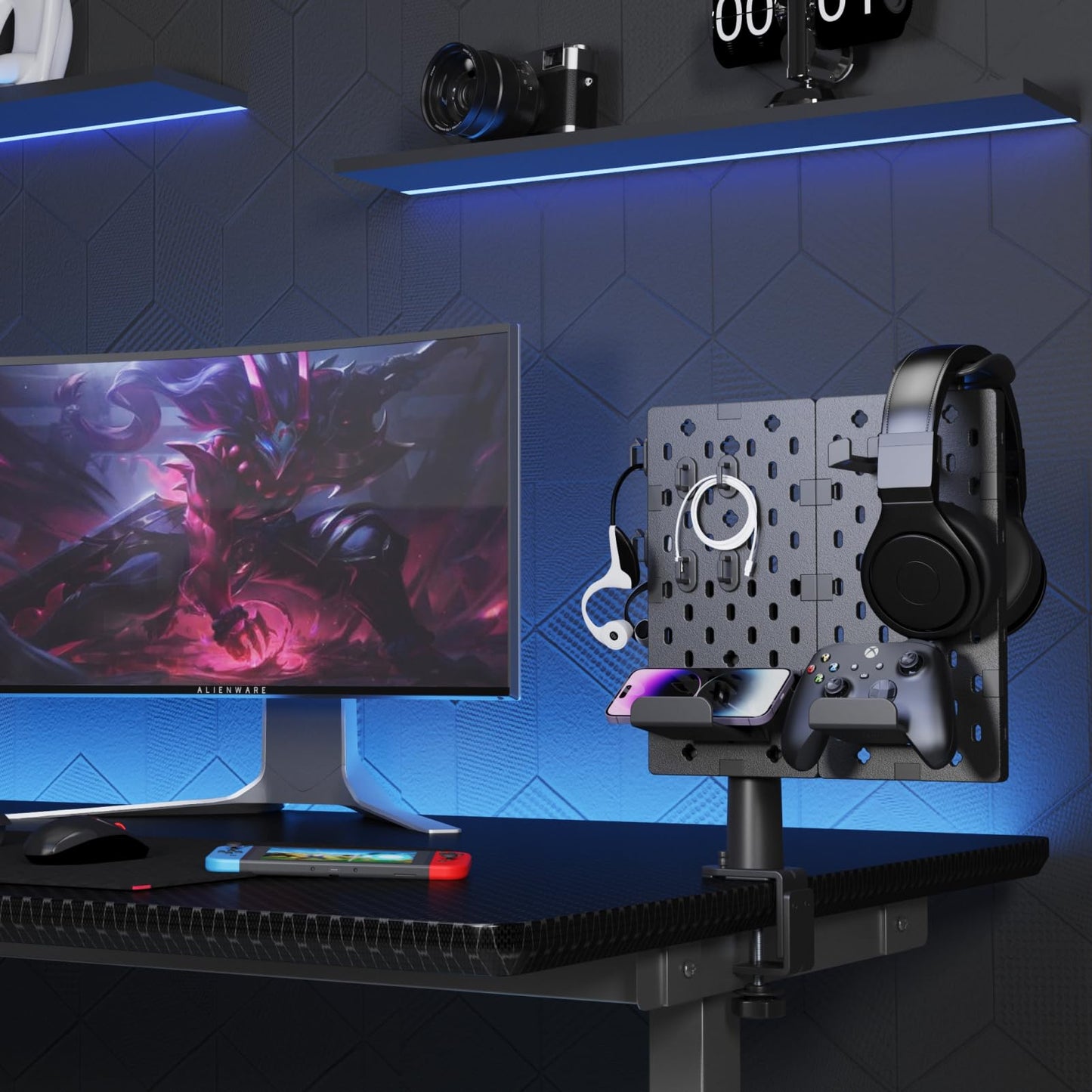 PEGZONE Headphone and Controller Holder, Rotating Gaming Accessories Organizer for Xbox PS5 PS4 Nintendo Switch, Modular Desk Controller Stand with Cable Hooks, 2Pcs Pegboard, Black