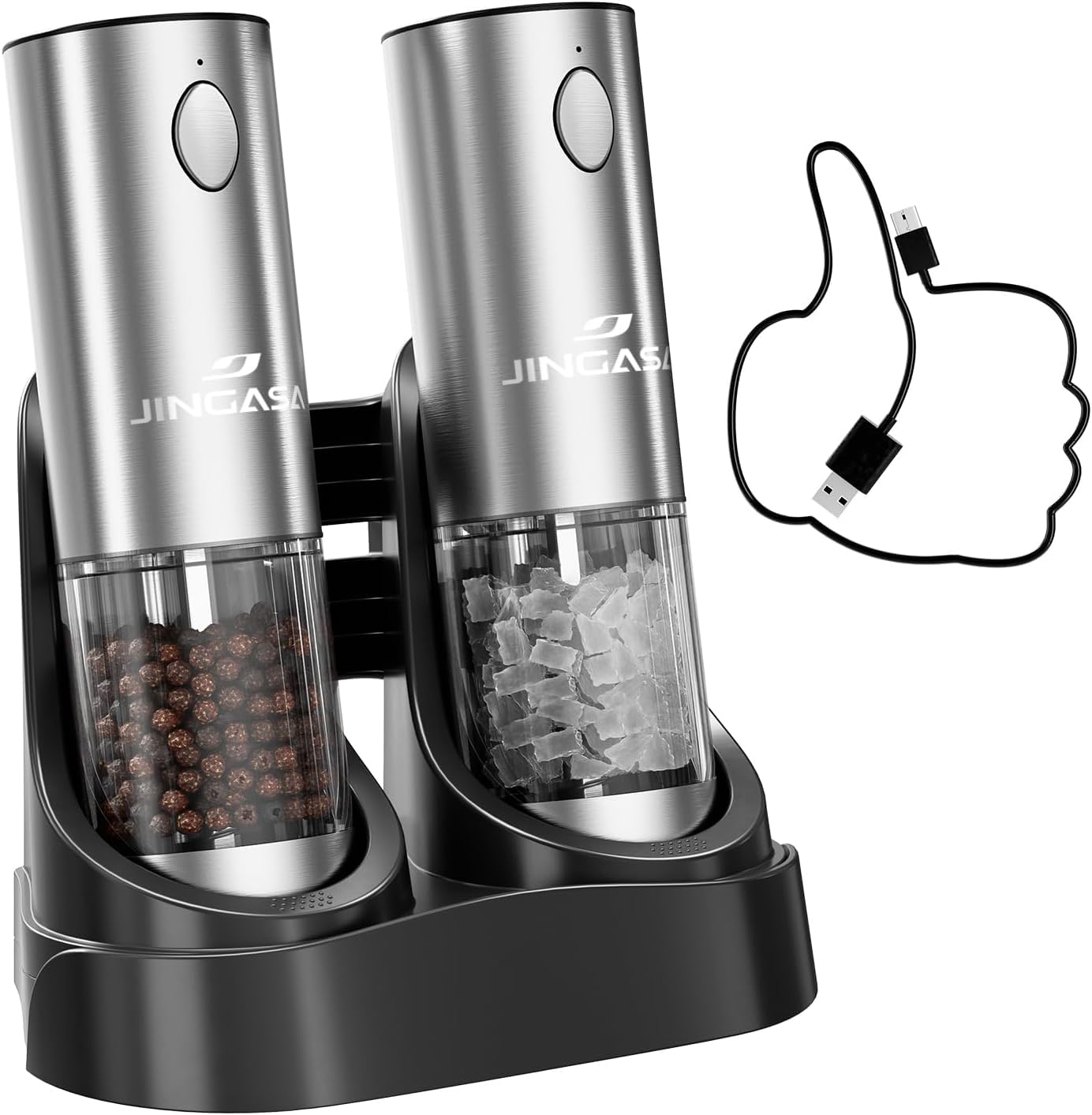 [Upgraded Larger Capacity] Electric Salt and Pepper Grinder Set with USB Charging Base, 95ml Large Capacity, Adjustable Coarseness,Stainless Steel Automatic Pepper Mill (Upgraded Capacity-A)