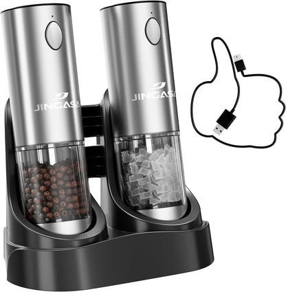 [Upgraded Larger Capacity] Electric Salt and Pepper Grinder Set with USB Charging Base, 95ml Large Capacity, Adjustable Coarseness,Stainless Steel Automatic Pepper Mill (Upgraded Capacity-A)