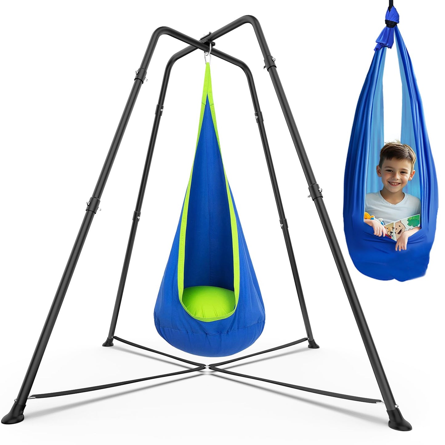 Swing Stand Frame with Sensory Pod Swings and Chair, Sensory Swing Set, X-Shaped Swing Frame, Heavy-Duty Metal Hammock Chair Stand for Adults Indoor and Outdoor 330LBS(Blue)