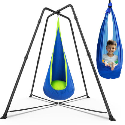 Swing Stand Frame with Sensory Pod Swings and Chair, Sensory Swing Set, X-Shaped Swing Frame, Heavy-Duty Metal Hammock Chair Stand for Adults Indoor and Outdoor 330LBS(Blue)