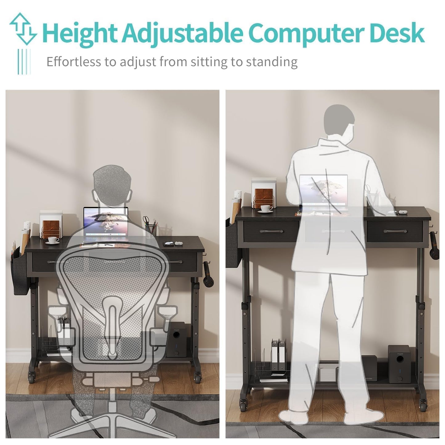 Rolling Standing Desk Adjustable Height with Drawers, 40 Inch Mobile Stand Up Portable Teacher Desks on Wheels for Classroom, Couch Sofa Side Laptop Table with Storage for Bedroom Home Office, Black