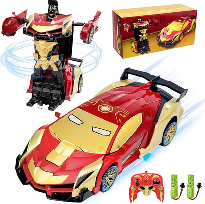 Iron Man Remote Control Car Toy for Boys 2.4Ghz RC Transform Robot Toy 1:18 Scale One-Button Deformation 360°Rotation Car with Underbody Lights Gifts for Boys Age 3 4 5 6 7 8 9 10 11 12