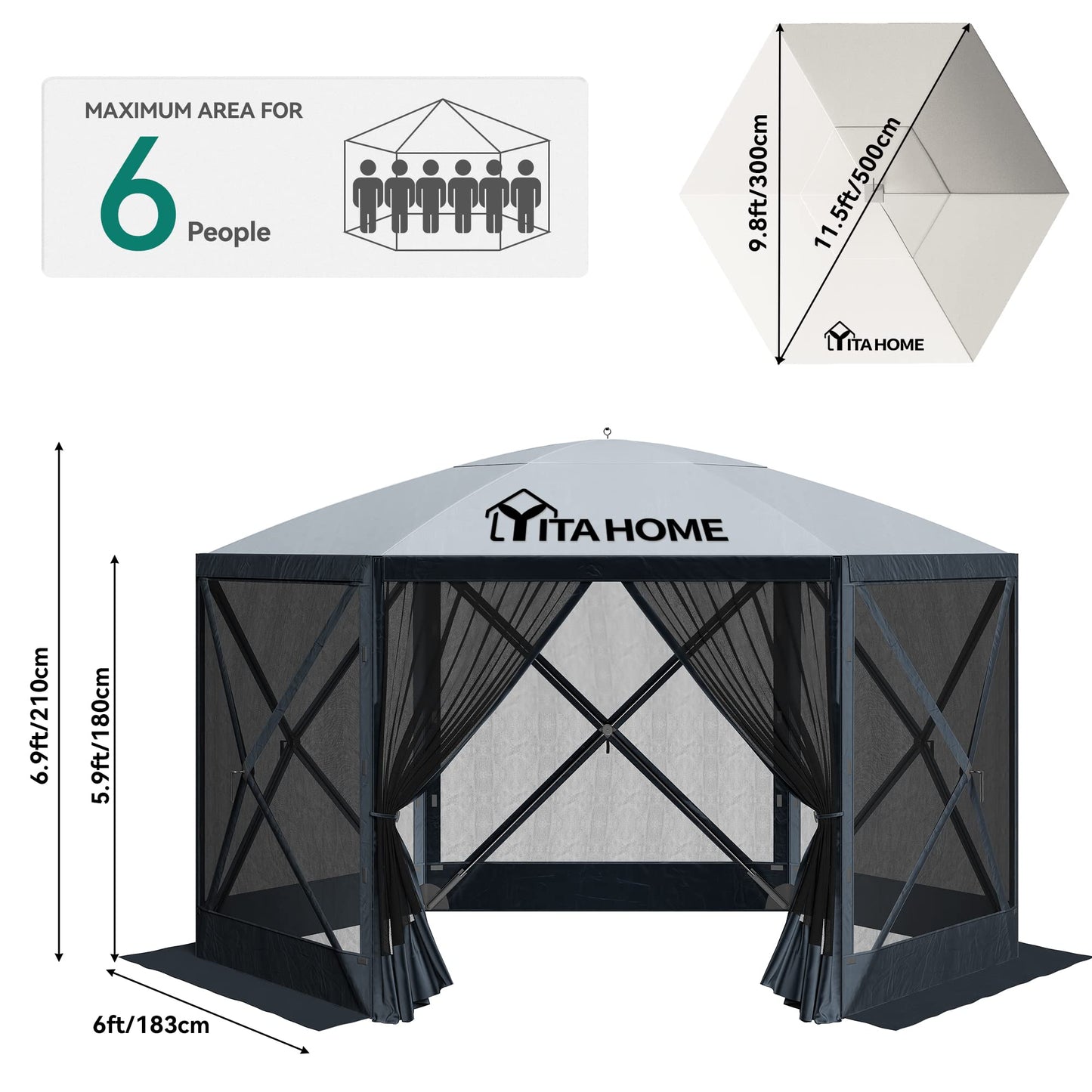YITAHOME 11.5x11.5ft Camping Gazebo, Portable Pop Up Canopy Outdoor Screen Tent 6 Sided with Mesh Windows and Carry Bag for Camping, Picnic, Backyard Party Outside Activities, Gray
