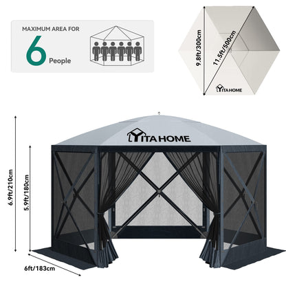 YITAHOME 11.5x11.5ft Camping Gazebo, Portable Pop Up Canopy Outdoor Screen Tent 6 Sided with Mesh Windows and Carry Bag for Camping, Picnic, Backyard Party Outside Activities, Gray