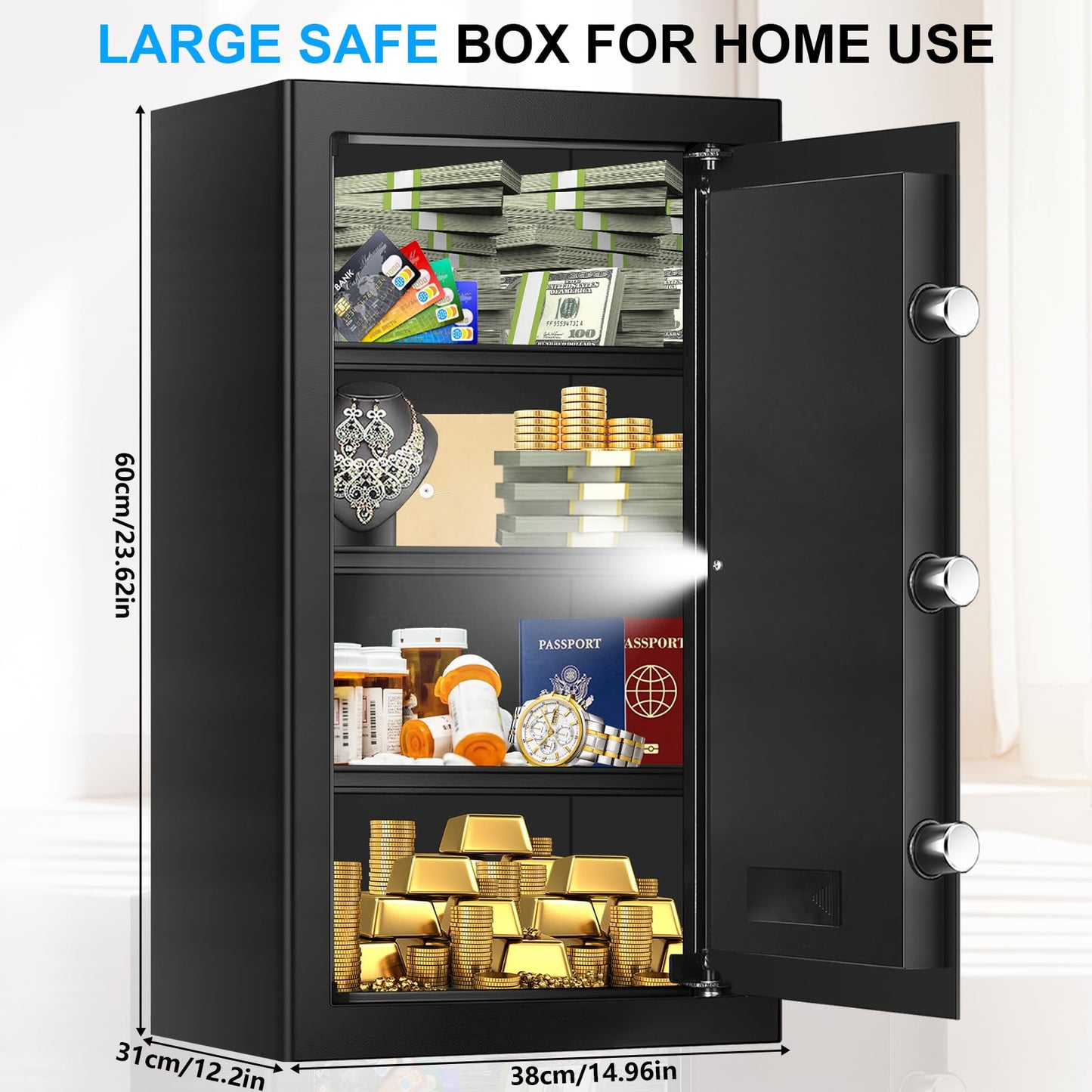 5.3 Cub Large Fireproof Safes for Home, Digital Home Security Safe Box Fireproof Waterproof with Combination Lock and 3 Removable Shelves, Anti-Theft Fire Proof Safe for Document Money Valuables