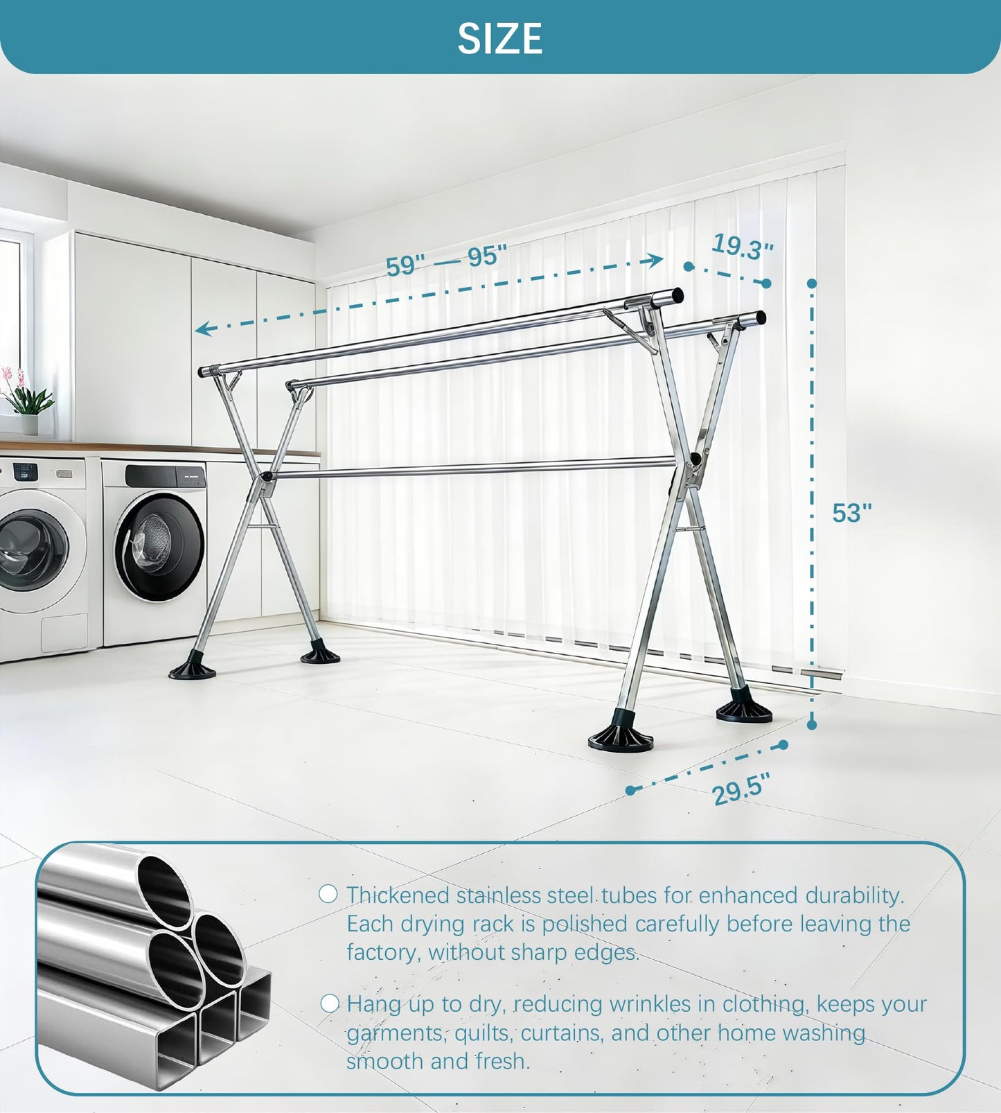 ANJIYP 95 Inch Windproof Clothes Drying Rack, Heavy Duty Stainless Steel Folding Laundry Drying Rack for Indoor Outdoor Use, Collapsible Clothes Rack with 20 Hooks & 12 Clips