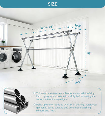 ANJIYP 95 Inch Windproof Clothes Drying Rack, Heavy Duty Stainless Steel Folding Laundry Drying Rack for Indoor Outdoor Use, Collapsible Clothes Rack with 20 Hooks & 12 Clips