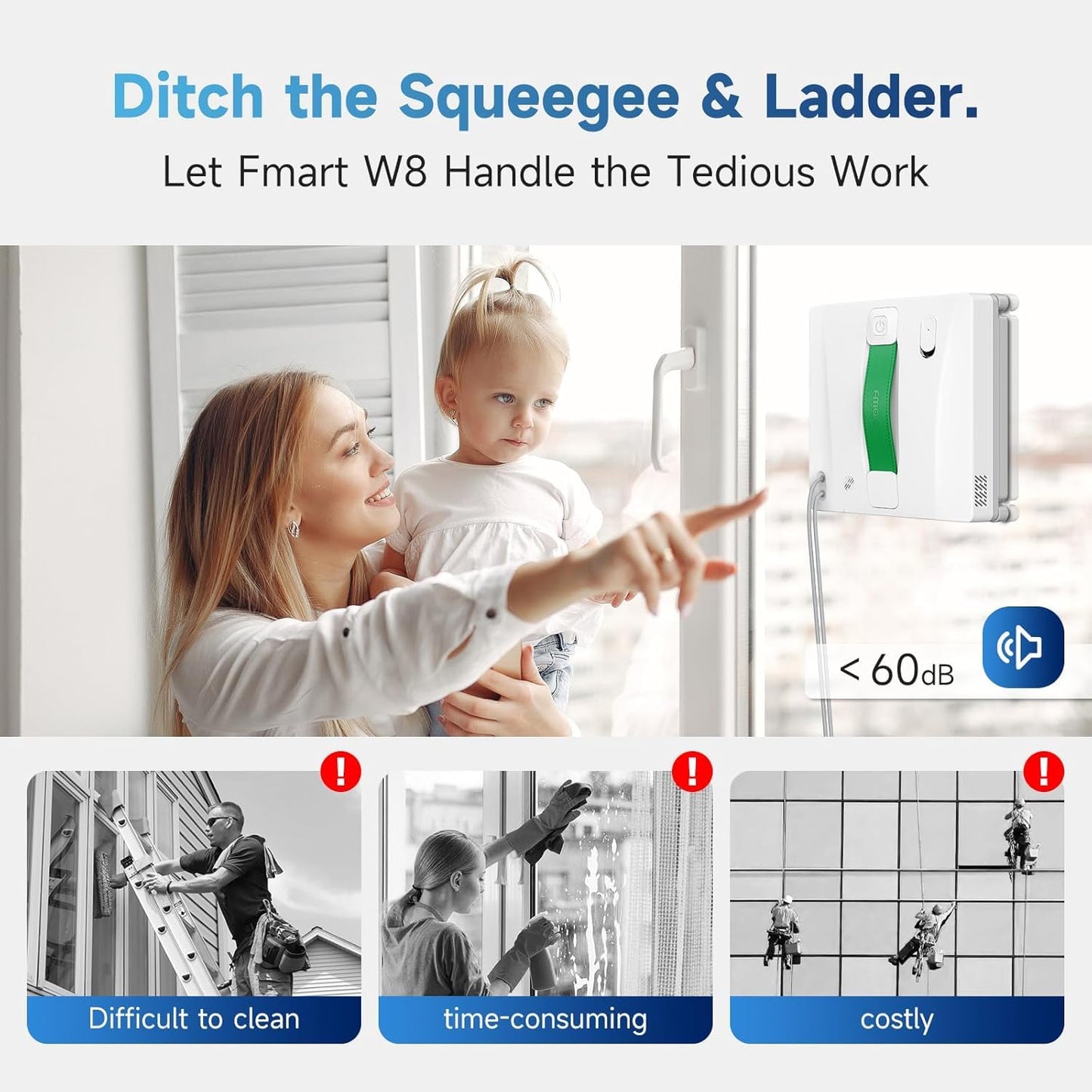 FMART W8 Mini Window Cleaning Robot, 4-Way Ultrasonic Spray, 8000Pa Suction, Ultra-Slim 2.36 in, Edge-Cleaning Route, Smart Path Planning, 9-Stage Safety, App & Remote Control