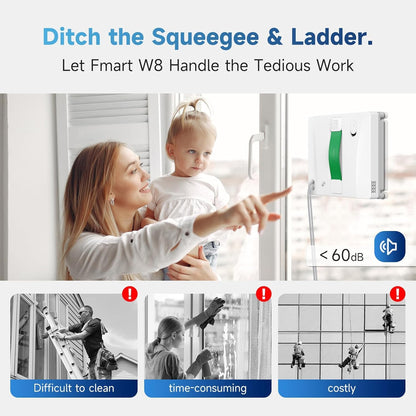 FMART W8 Mini Window Cleaning Robot, 4-Way Ultrasonic Spray, 8000Pa Suction, Ultra-Slim 2.36 in, Edge-Cleaning Route, Smart Path Planning, 9-Stage Safety, App & Remote Control