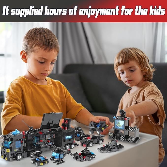 1110 PCS SWAT City Police Set Cop Car Building Set with Helicopter Boat Police Station Mobile Command Center Truck Toys in 25 Different Models Gifts for 6 Plus Year Old Kids Boys