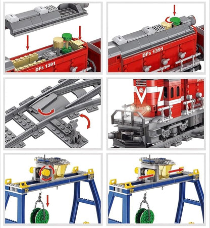 General Jim's Red Diesel Cargo Train Building Blocks Set - 1000+ Piece City Series with Automatic Running System Railway Tracks and Truck - L Gauge - Compatible w/Major Brick Brand Tracks - GJ-EBRT