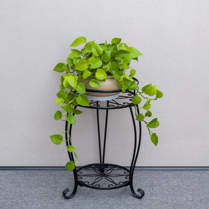 FaithLand Plant Stand, Heavy Duty Metal Planter Holder Indoor Outdoor, 2 Tier Round Potted Supports Rack, Corner Display Shelf Black