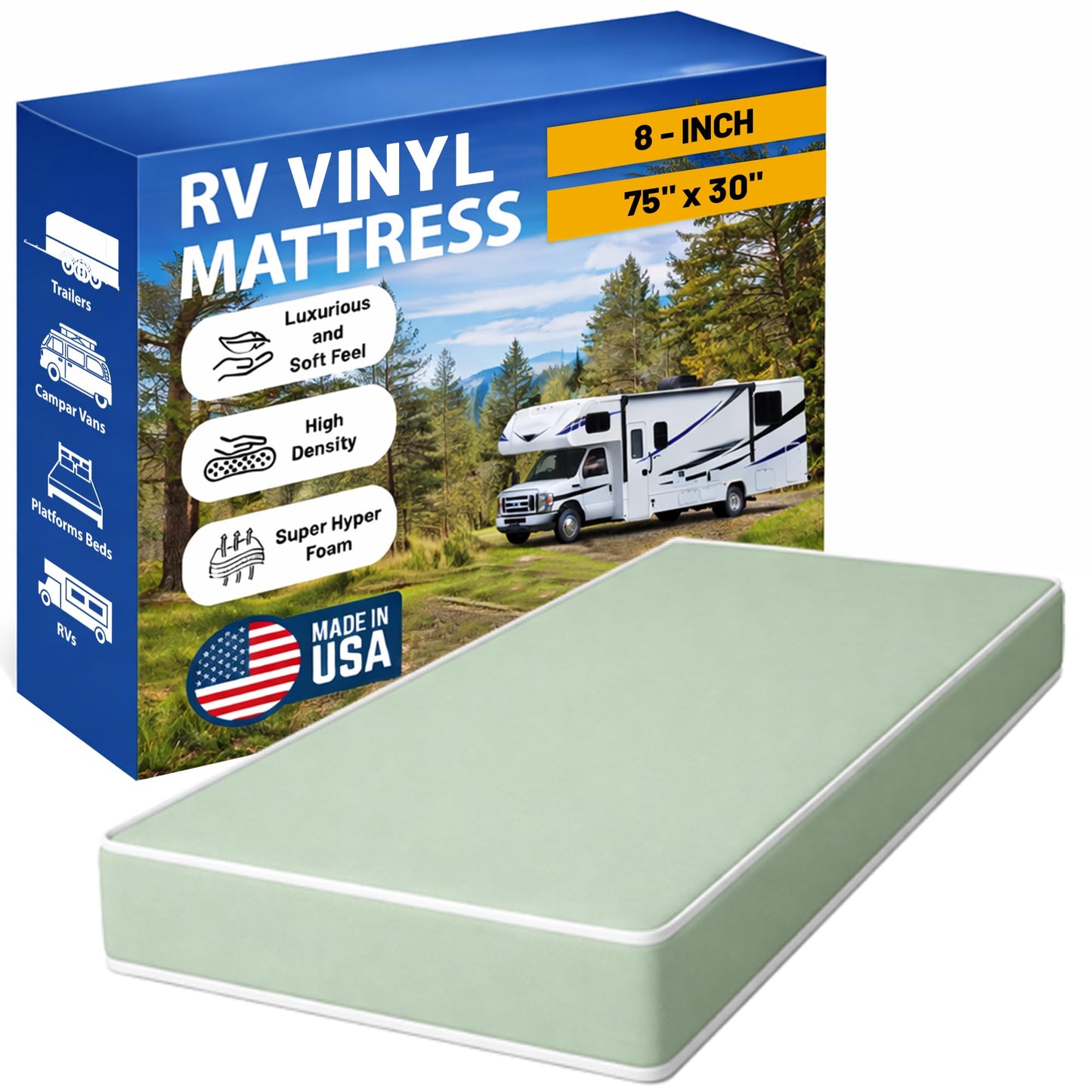 Greaton, 8-Inch High Density Foam RV Mattress Replacement with Vinyl Cover, Medium Firm, Travel Camper Trailer Truck and Bunk, Pressure-Relief Support, Made in USA, 75" x 30"