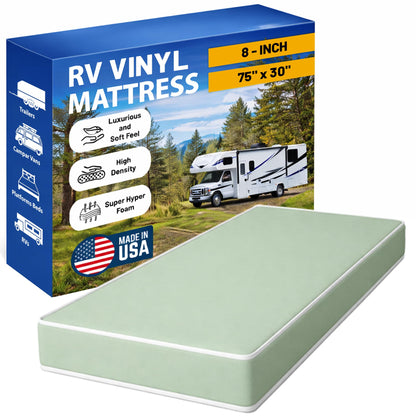 Greaton, 8-Inch High Density Foam RV Mattress Replacement with Vinyl Cover, Medium Firm, Travel Camper Trailer Truck and Bunk, Pressure-Relief Support, Made in USA, 75" x 30"