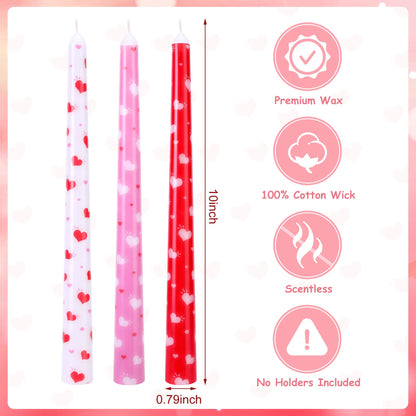 EBaokuup 3 Pcs Valentines Heart Taper Candles-10 Unscented Valentine's Day Taper Candles-Red Taper Candles for Valentine Anniversary Home Table Decoration Wedding Holiday Gift