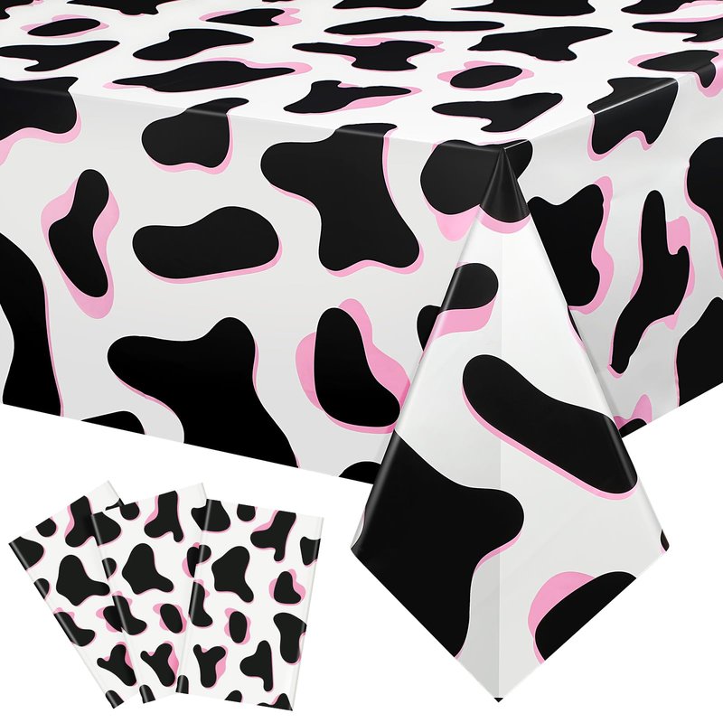 Tiamon 3 Pack Pink Cow Print Tablecloth Disposable 54x108 Inch Plastic Table Cover for Western Cowgirl Birthday Party Decorations Disco Bachelorette Baby Shower Supplies Farm Animal Theme Picnic
