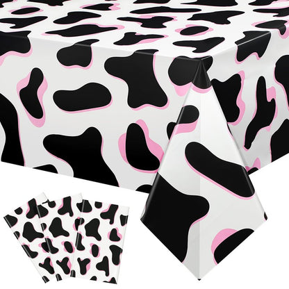Tiamon 3 Pack Pink Cow Print Tablecloth Disposable 54x108 Inch Plastic Table Cover for Western Cowgirl Birthday Party Decorations Disco Bachelorette Baby Shower Supplies Farm Animal Theme Picnic