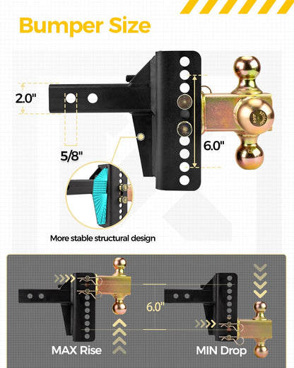 Adjustable Trailer Hitch -Drop Hitch-Tow Hitch with 2 inch Receiver-6inch Drop/Rise, （1-7/8" & 2" & 2-5/16" Ball Hitches for Trucks, 20,000 LBS GTW, Trailer Hitches with Anti-Theft Pin, Black