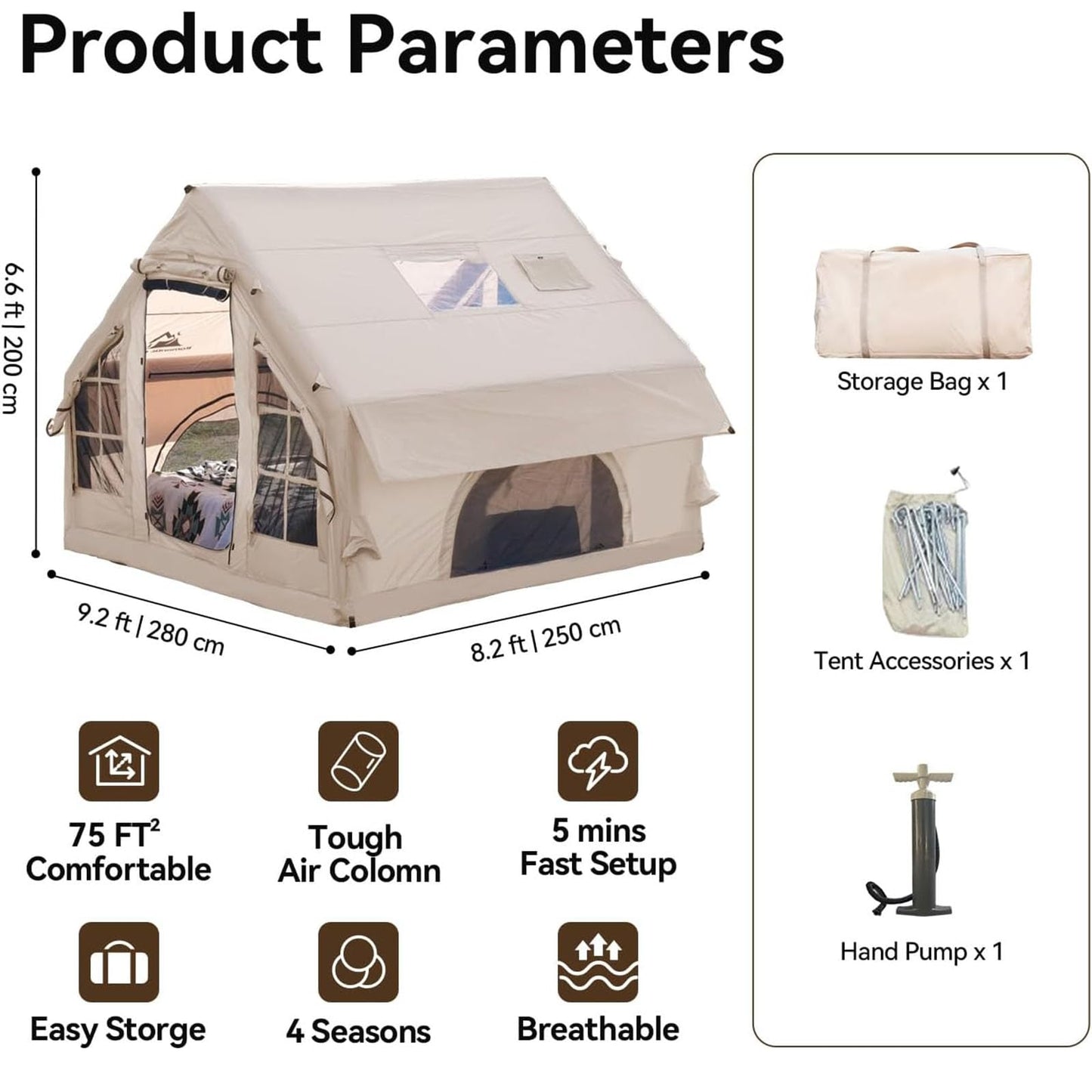 Romantic Camp Inflatable Camping Tent with Pump,4-6 Person Waterproof Blow Up Air Tent for Camping Hiking,Easy to Set Up 4-Season Inflatable House Tent with Oversized Canopy(75FT²).