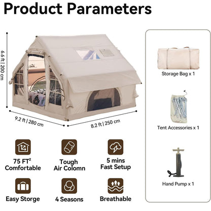 Romantic Camp Inflatable Camping Tent with Pump,4-6 Person Waterproof Blow Up Air Tent for Camping Hiking,Easy to Set Up 4-Season Inflatable House Tent with Oversized Canopy(75FT²).