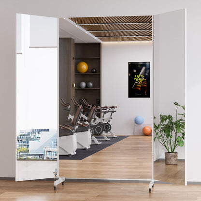 Full Length Stand Up Mirror on Wheels,79''×67'',Large Tri-Fold Floor Mirror with Stand,Movable 3-Way Full Length Standing Mirror for Gym, Dance Studio, Fitness Room, and Home (Whtie)
