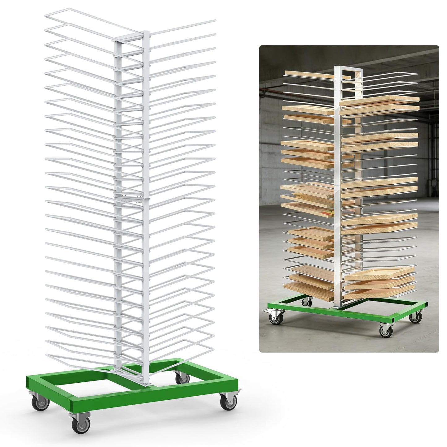 Mouuy 50-Shelf Paint Drying Rack for Cabinets & Doors, Heavy-Duty Cabinet Door Drying Rack, 25lbs/Shelf, Space-Saving Vertical Stand for Paint Studios and Classrooms with 4 Locking Casters