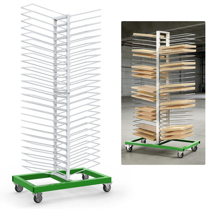 Mouuy 50-Shelf Paint Drying Rack for Cabinets & Doors, Heavy-Duty Cabinet Door Drying Rack, 25lbs/Shelf, Space-Saving Vertical Stand for Paint Studios and Classrooms with 4 Locking Casters