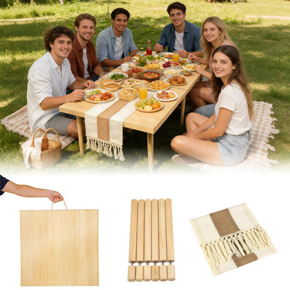 YIRCELOM Folding Picnic Table with Table Runner, 60" x 30" Large Wooden Japanese Floor Table, Portable Boho Low Picnic Table, Adjustable Heights Legs, for Indoor Outdoor Camping, for 6-8 People