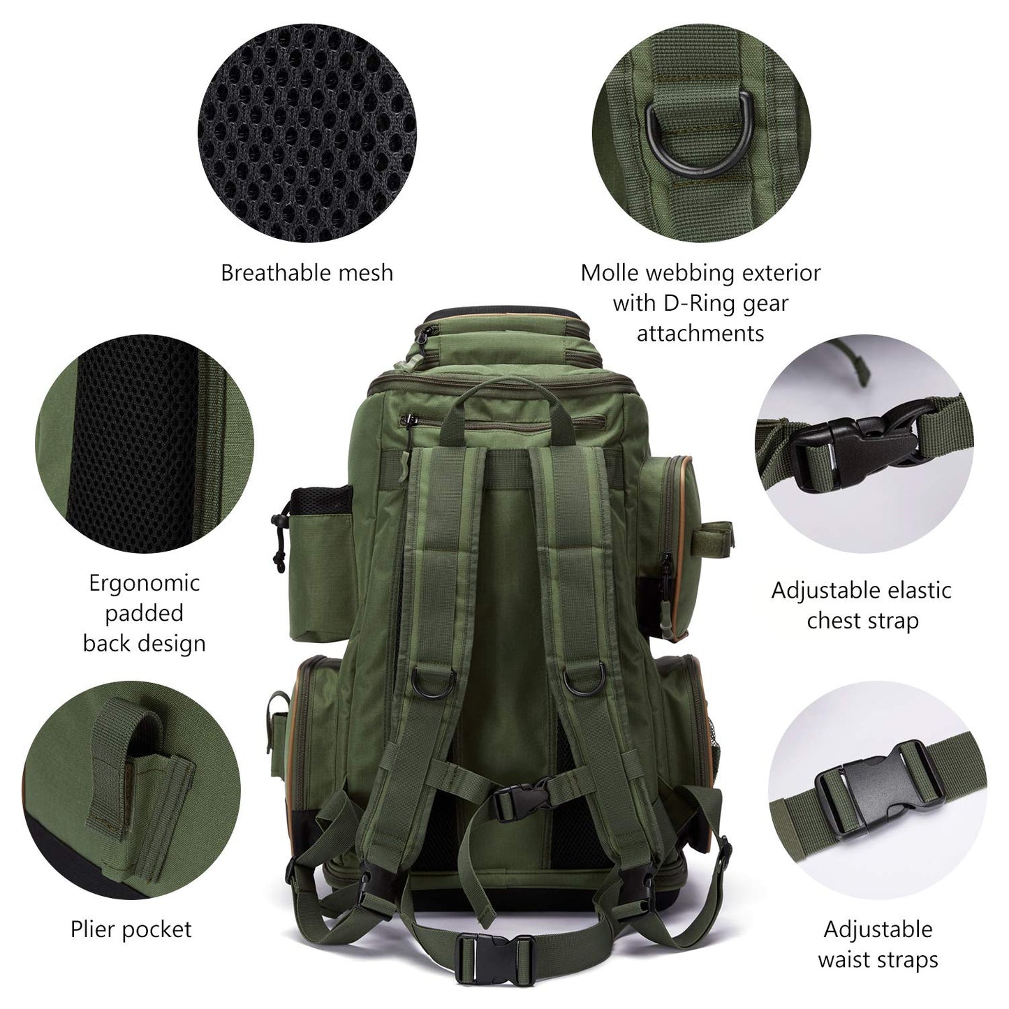 BASSDASH Fishing Tackle Backpack Water Resistant Tactical Bag Soft Tackle Box with Rod Holder and Protective Rain Cover
