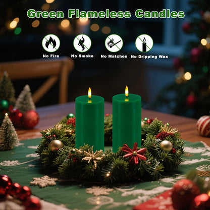 Green Flameless Candles, Set of 2 7"x3" Flickering LED Candles with Remote & Timer, Dimmable Electric Pillar Candles Battery Operated, Candles Light for Home St. Patrick's Christmas Decor (Green)