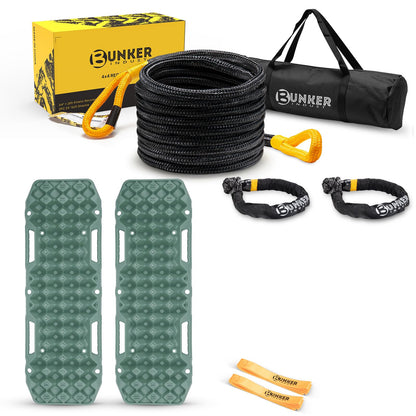 BUNKER INDUST Off-Road Traction Boards (Gen 10) Green + 1"×30ft Kinetic Recovery Rope with 2 Soft Shackles Kit